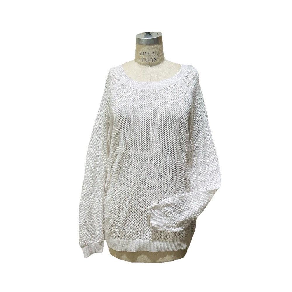 Talbots White Open Knit Cotton Raglan Sleeve Sweater‎ Womens Size L Casual NWT